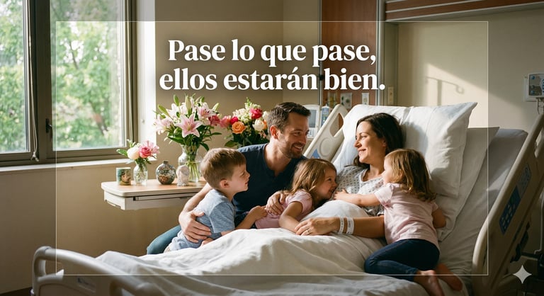 Family of five relaxing together on a bed with flowers nearby and Spanish text overlay reading Pase lo que pase, ellos estarán bien